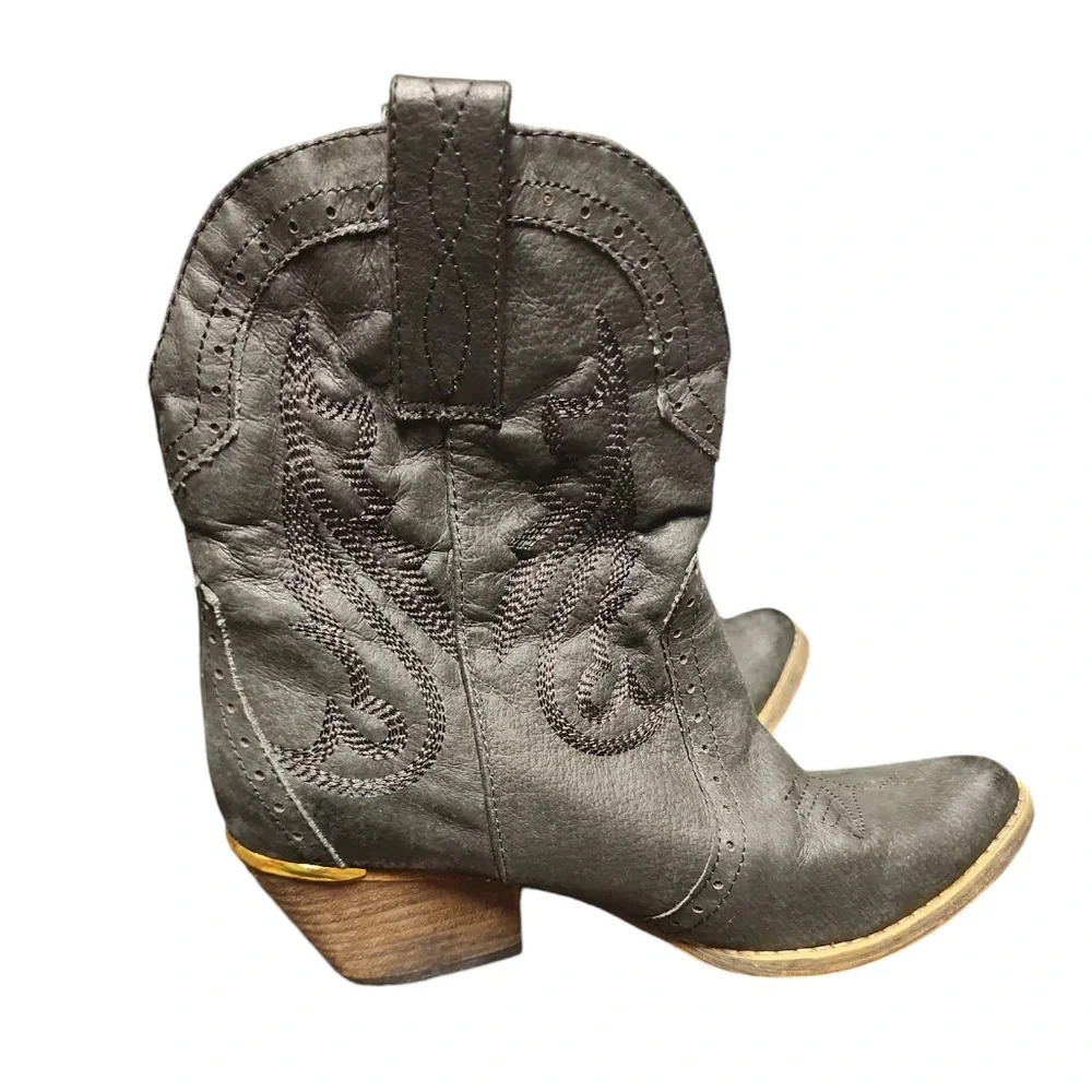 Black Leather Cowgirl Boots Western Leopard Lined Mid-calf Pull-On Size 6